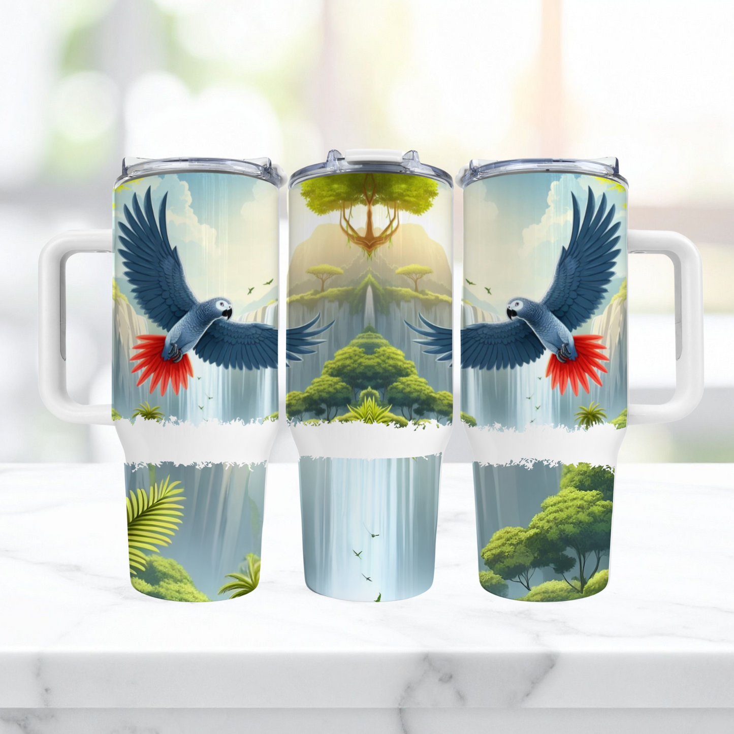 African Grey Flying Waterfall Background 40oz Tumbler