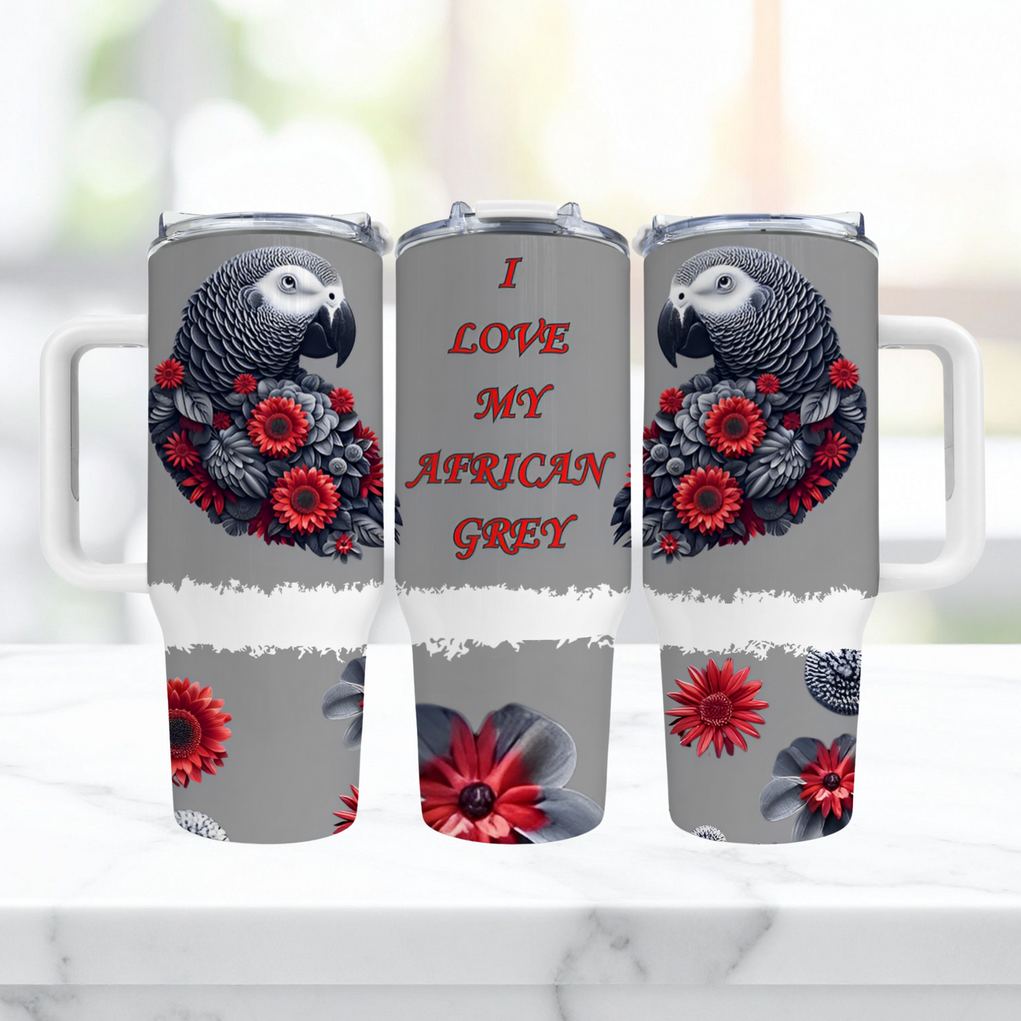 African Grey "I Love My African Grey" Flowered 40oz Tumbler