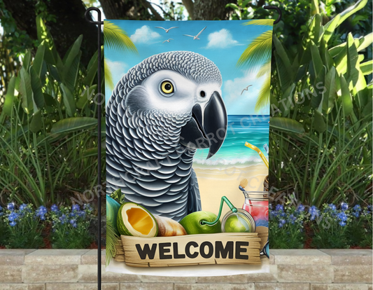 African Grey at Beach "Welcome" garden flag
