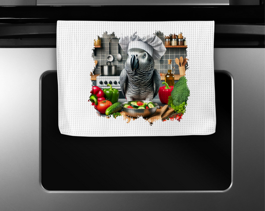 African Grey Bowl of Veggies Kitchen Towel