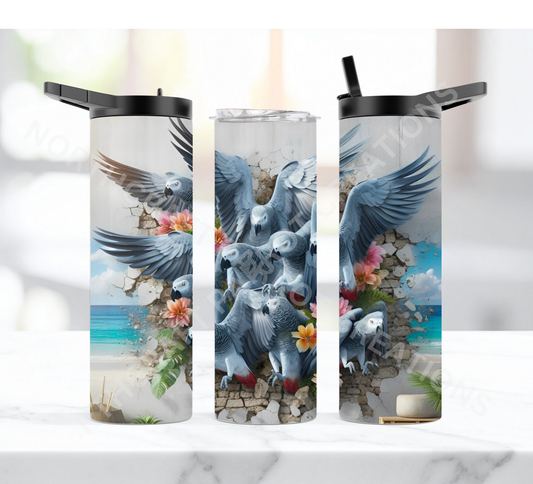 African Grey Flock Breaking Through Wall 20oz or 30oz Duo-lid Tumbler
