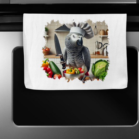 African Grey Holding a Knife Microfiber Kitchen Towel