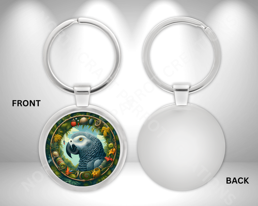 African Grey in Rainforest Theme Circle Metal Keychain