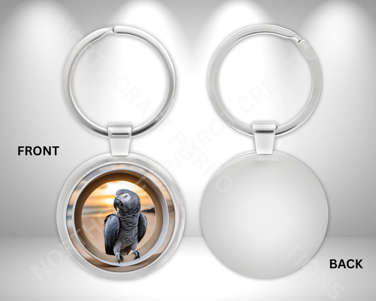 African Grey in Sunset Circle Metal Keychain