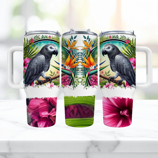 African Grey in Tropical Flowers 40oz Tumbler