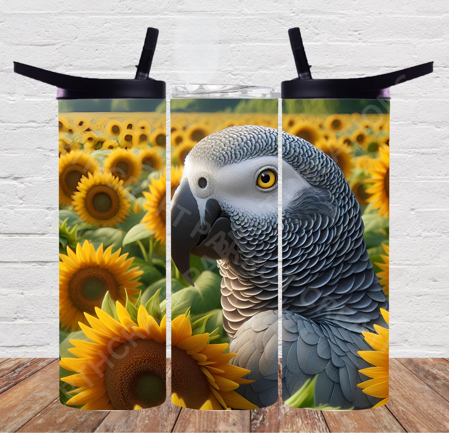 African Grey in Sunflower Patch 20oz or 30oz Duo-lid Tumbler
