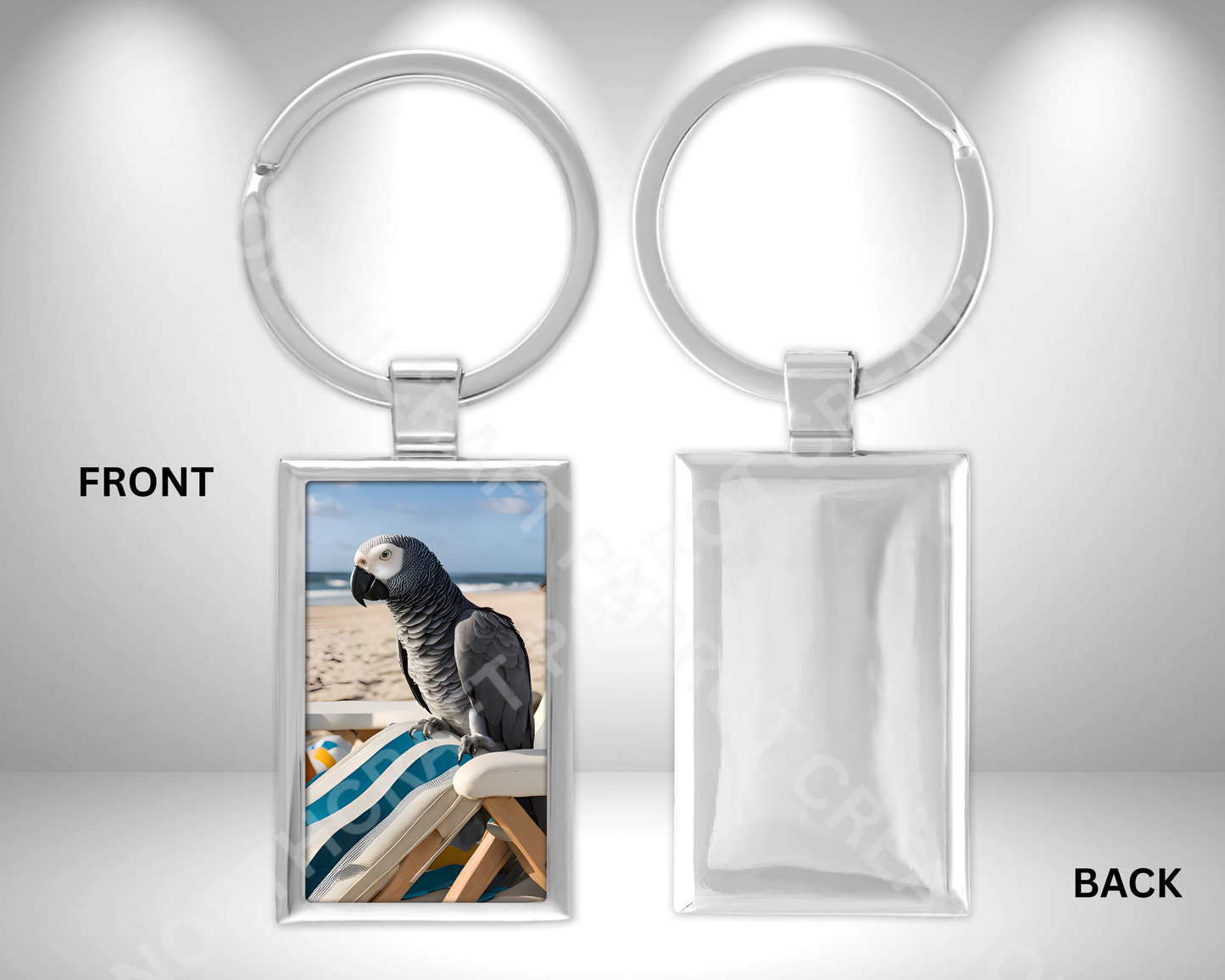 African Grey on Beach Chair Rectangle Metal Keychain