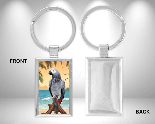 African Grey on Beach Cartoonish Style Rectangle Metal Keychain