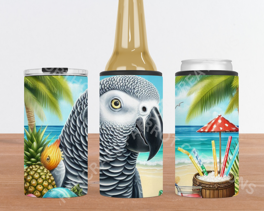 African Grey On Beach with Cocktail 4-in-1 Stainless Steel Can Cooler