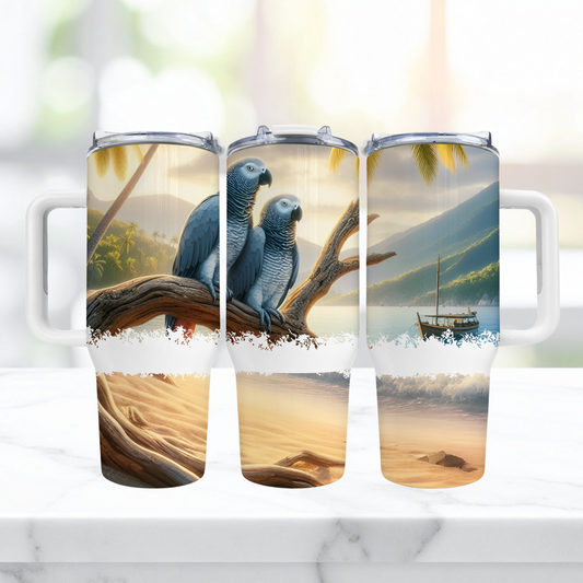 African Grey Pair on Branch with Boat 40oz Tumbler