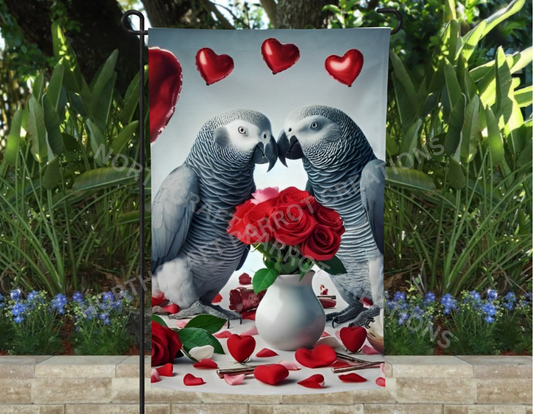 African Grey pair with Roses and Balloons Garden Flag