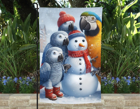 African Greys and Blue & Gold Macaw with a Snowman Garden Flag