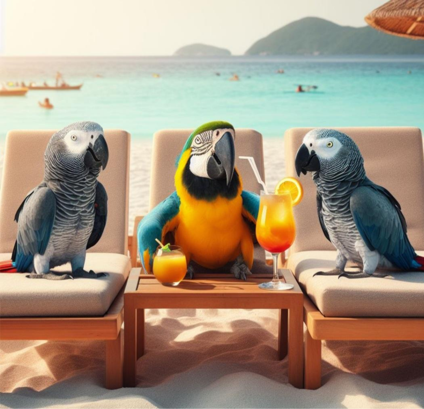 African Greys and Blue & Gold Macaw Enjoying the Beach 20oz or 30oz Duo-lid Tumbler