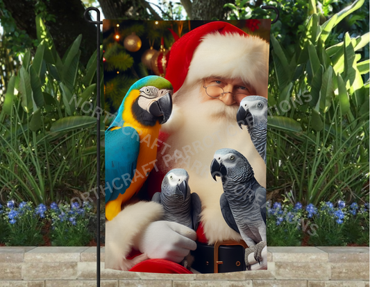 African Grey Trio and Blue & Gold Macaw with Santa Christmas Garden Flag