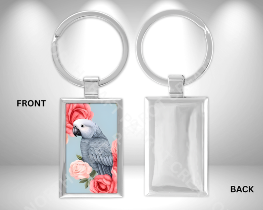 African Grey Baby with Pink Flowers Rectangle Metal Keychain