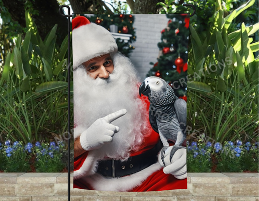 African Grey with Santa Christmas Garden Flag