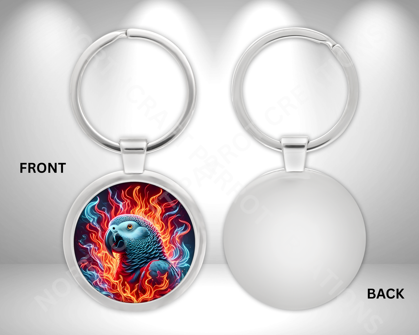 African Grey with Flames Circle Metal Keychain