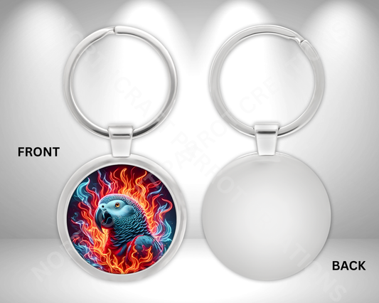 African Grey with Flames Circle Metal Keychain