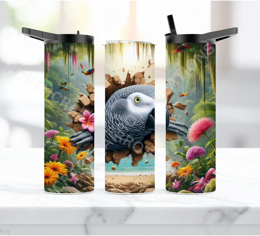 African Grey Flowered Hole in Wall 20oz 0r 30oz Duo-lid Tumbler