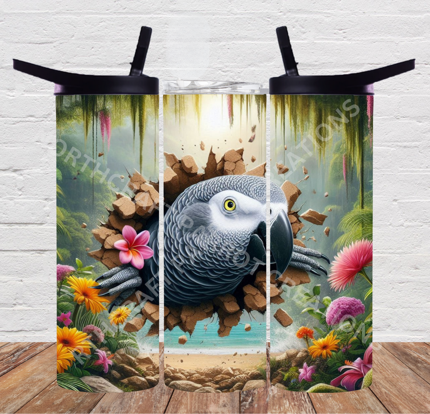 African Grey Flowered Hole in Wall 20oz 0r 30oz Duo-lid Tumbler