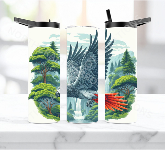 African Grey Flying with Waterfall Background 20oz or 30oz Duo-lid Tumbler