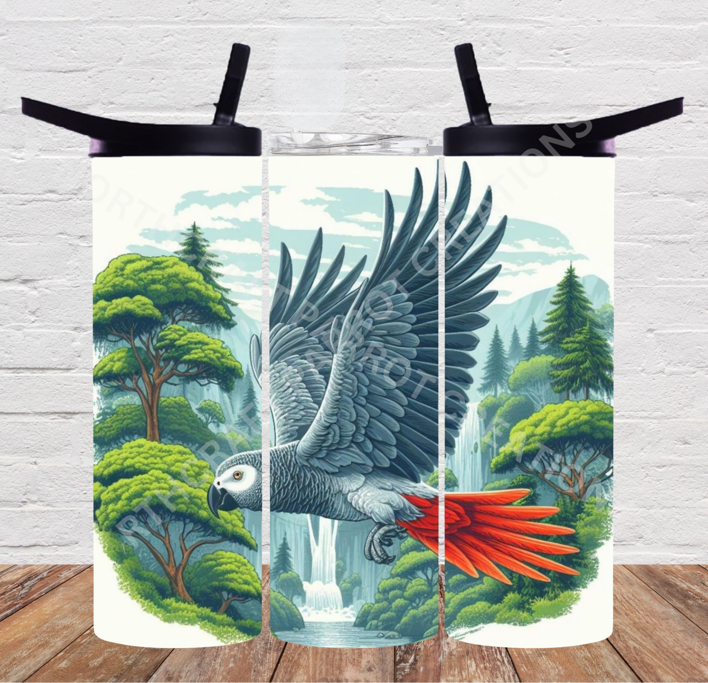 African Grey Flying with Waterfall Background 20oz or 30oz Duo-lid Tumbler