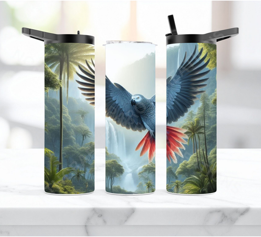 African Grey Flying Misty Waterfall 20oz or 30oz Duo-lid Tumbler