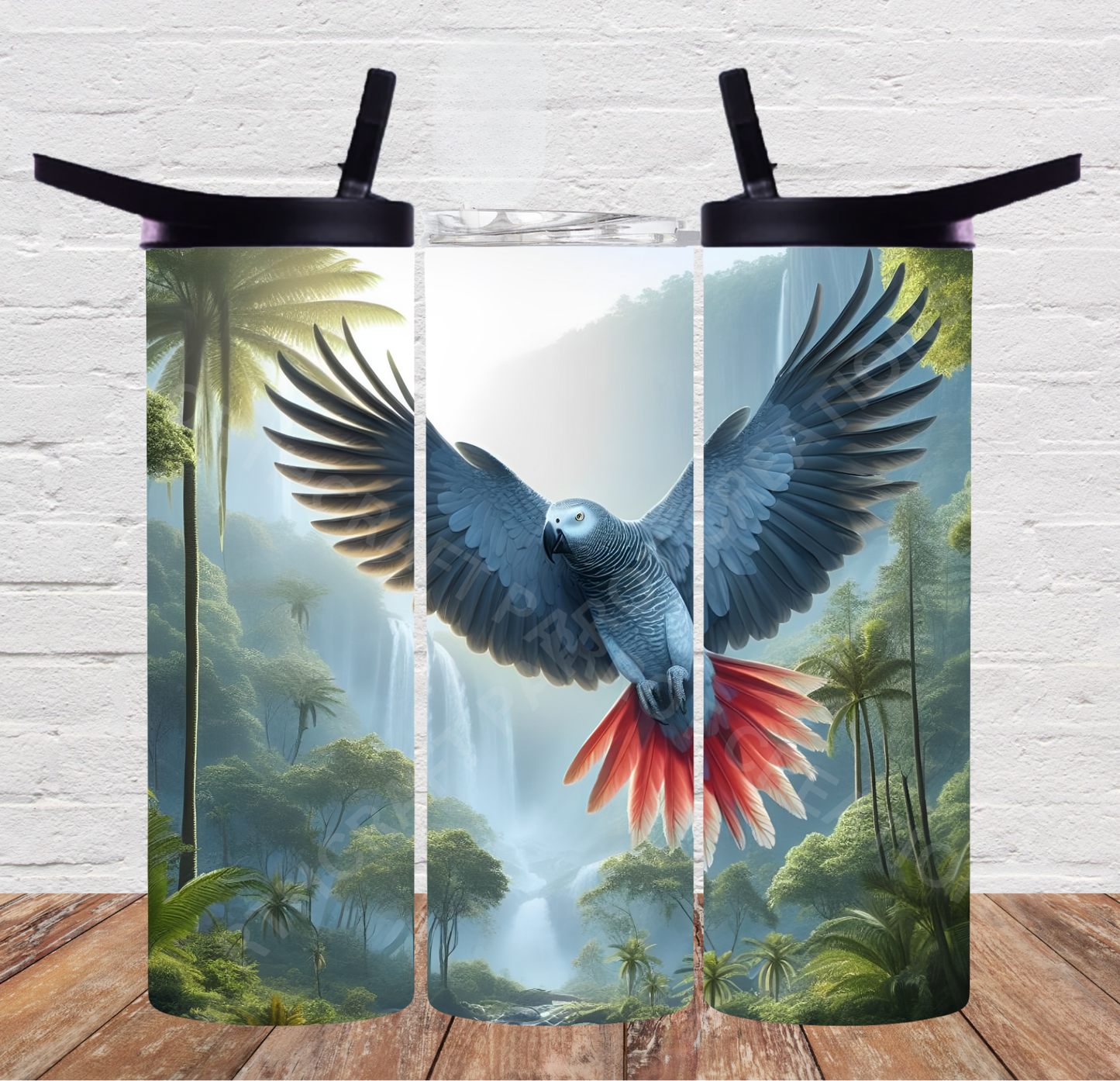 African Grey Flying Misty Waterfall 20oz or 30oz Duo-lid Tumbler