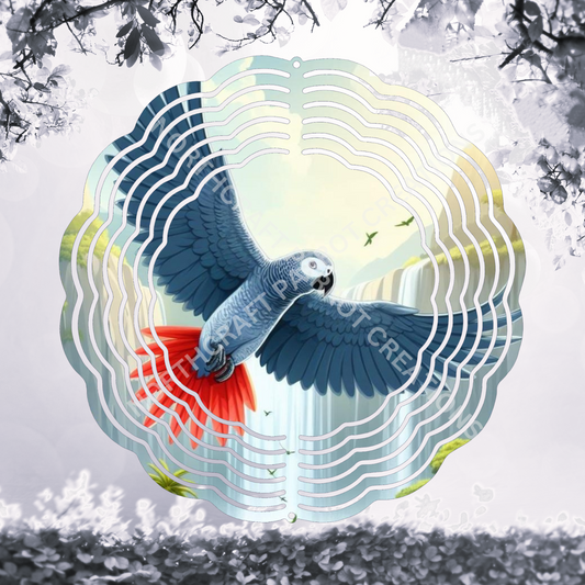African Grey Flying on Waterfall Background 8" or 10" Wind Spinner