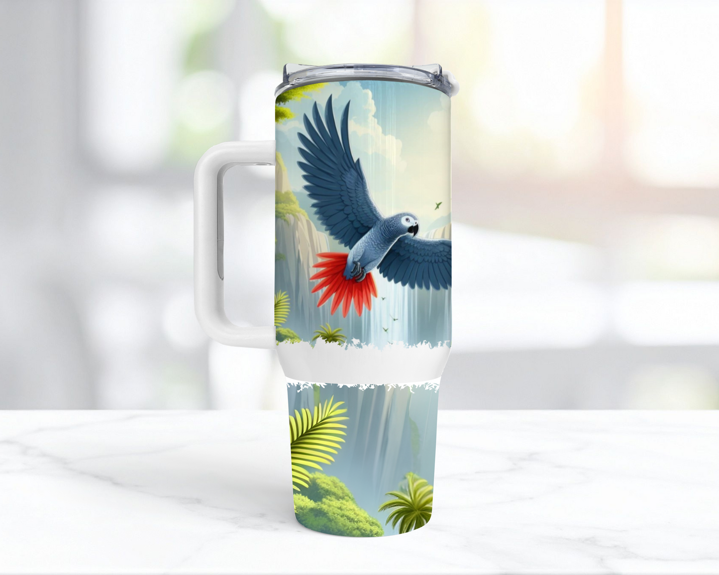 African Grey Flying Waterfall Background 40oz Tumbler