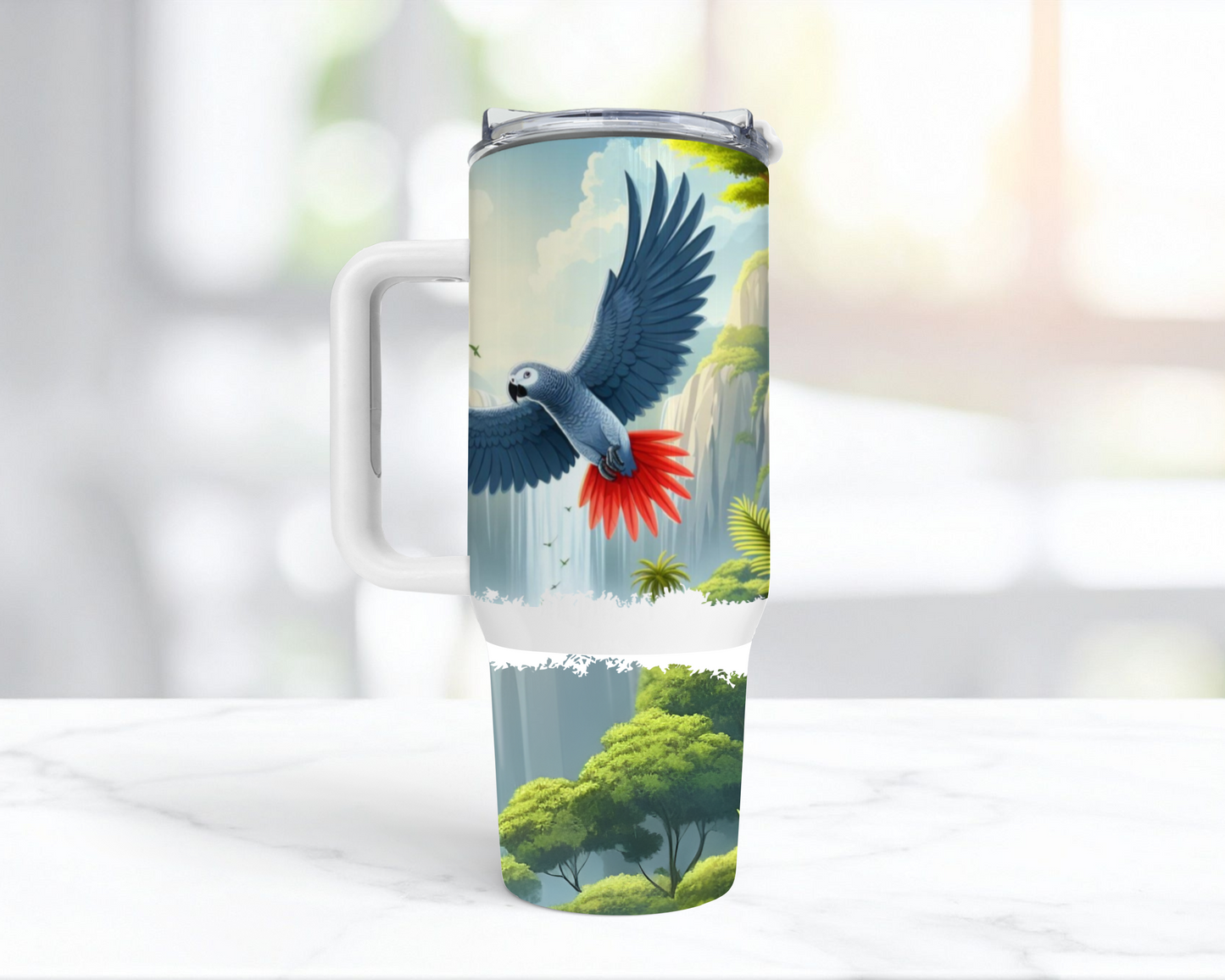 African Grey Flying Waterfall Background 40oz Tumbler