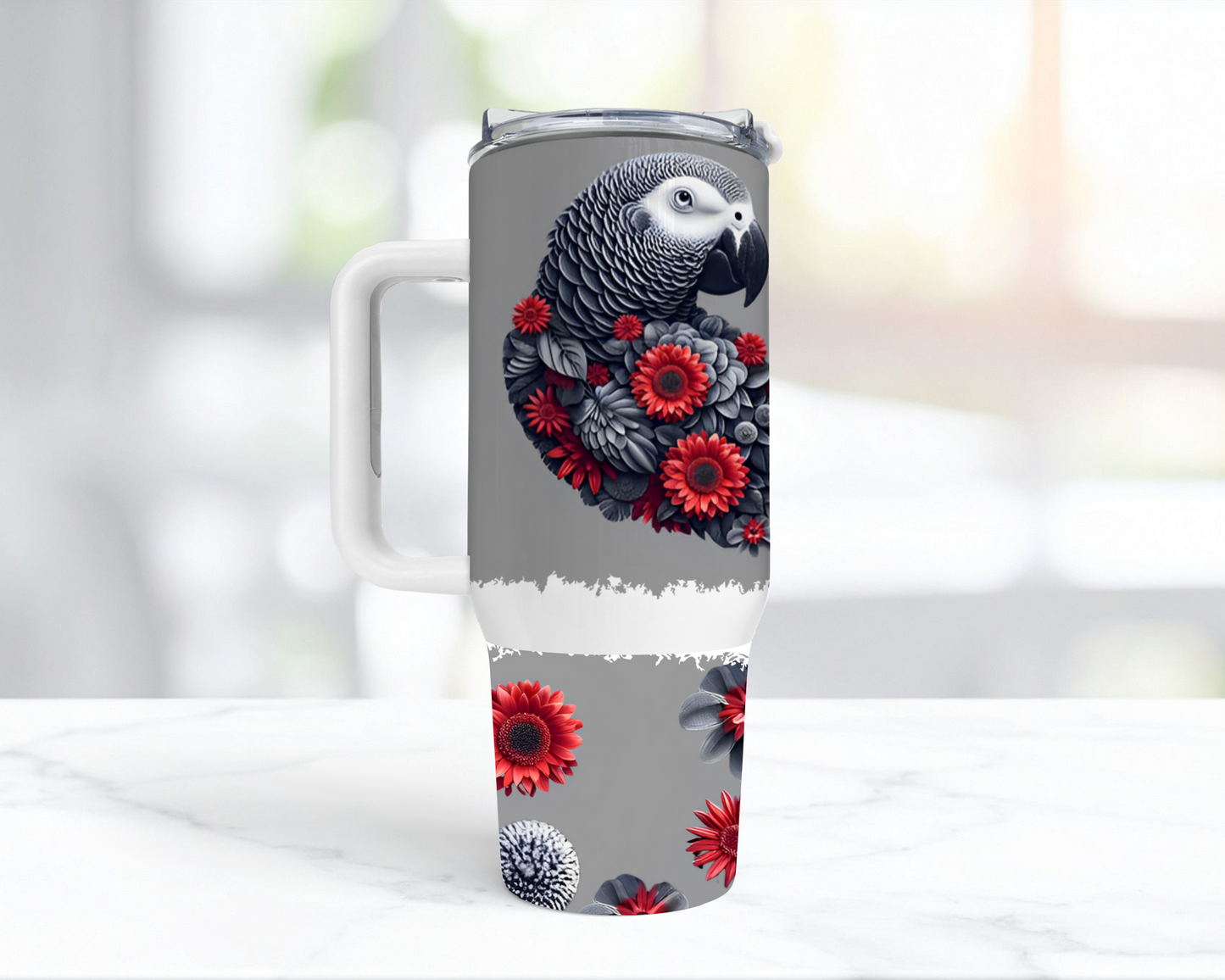 African Grey "I Love My African Grey" Flowered 40oz Tumbler