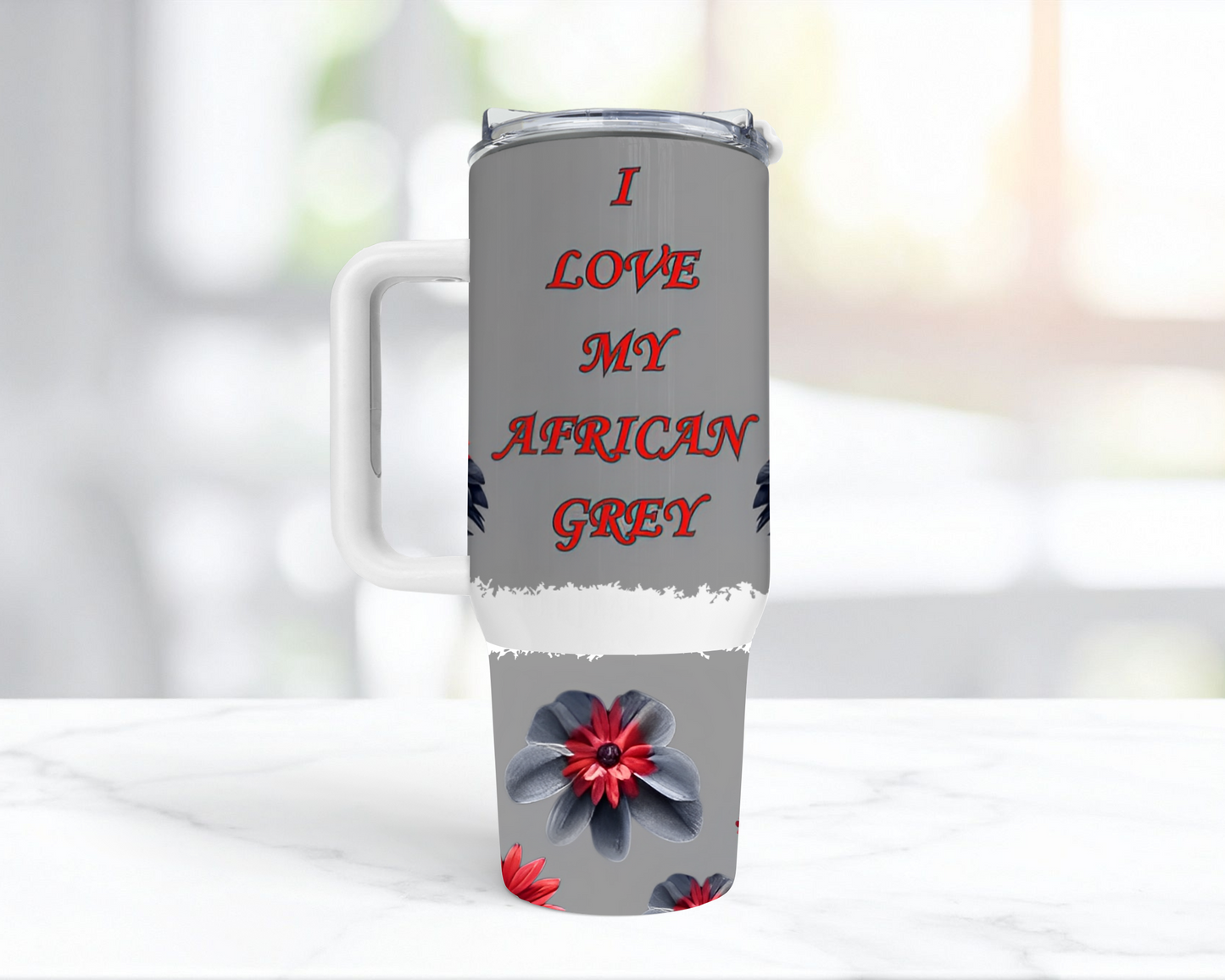 African Grey "I Love My African Grey" Flowered 40oz Tumbler
