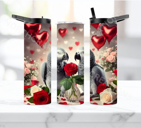 African Grey Pair Balloons and Roses 20oz or 30oz Duo-lid Tumbler