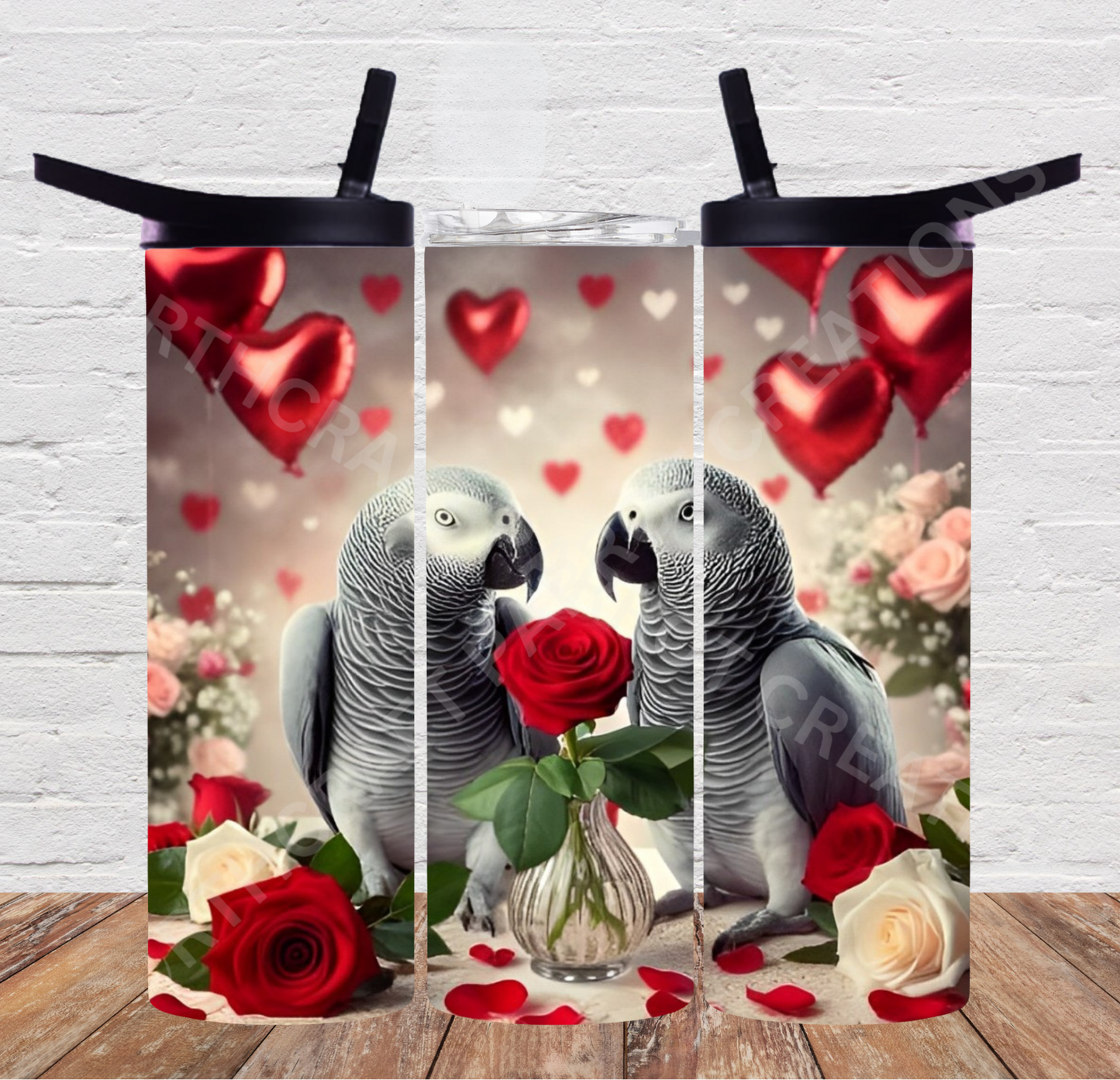 African Grey Pair Balloons and Roses 20oz or 30oz Duo-lid Tumbler