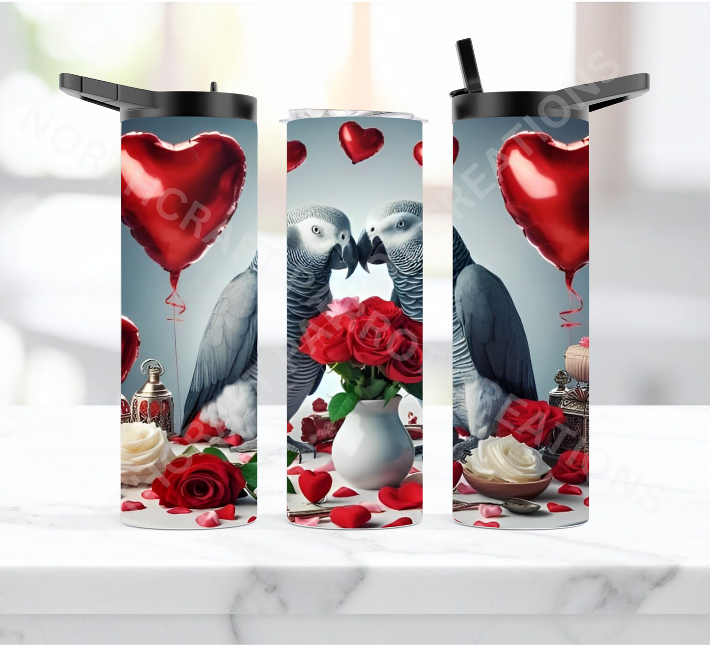 African Grey Pair Roses and Balloons 20oz or 30oz Duo-lid Tumbler