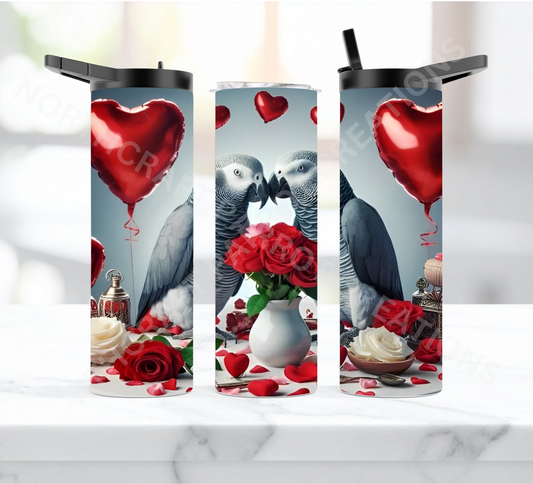 African Grey Pair Roses and Balloons 20oz or 30oz Duo-lid Tumbler