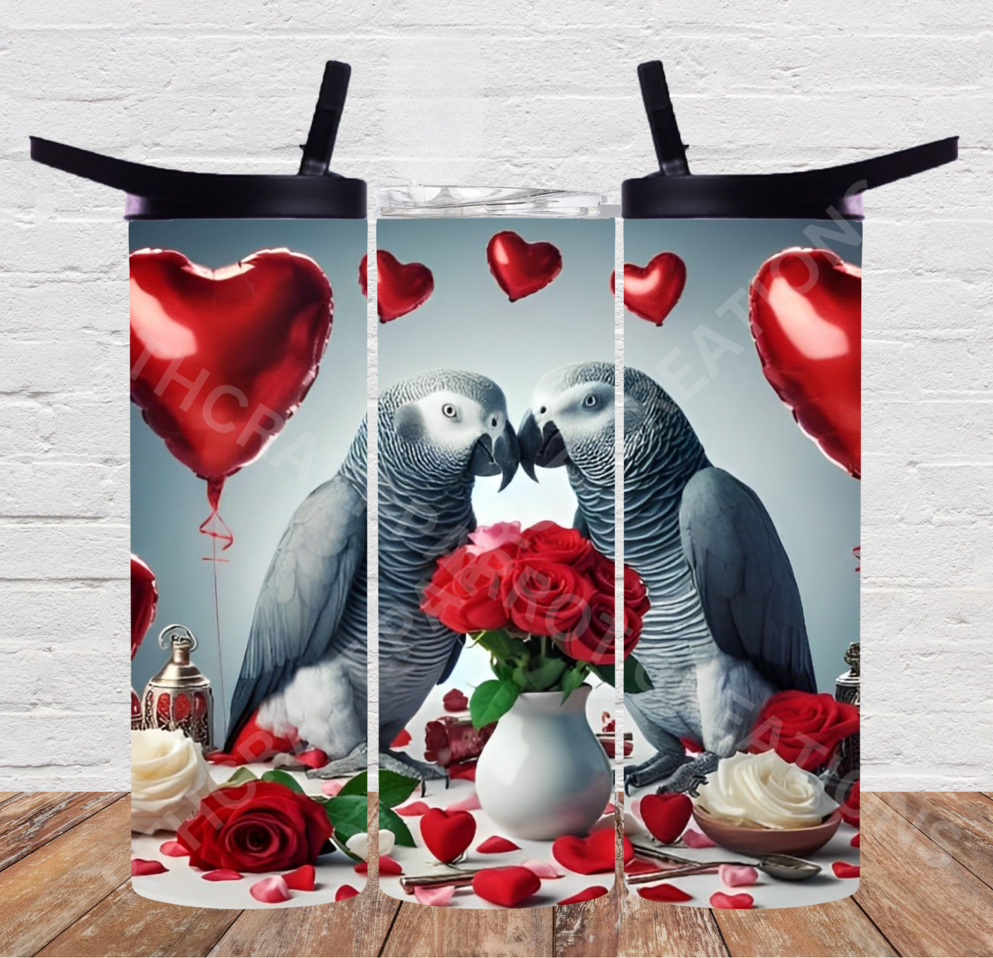 African Grey Pair Roses and Balloons 20oz or 30oz Duo-lid Tumbler