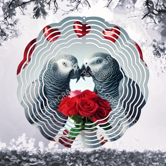 African Grey Pair Roses and Balloons 8" or 10" Wind Spinner