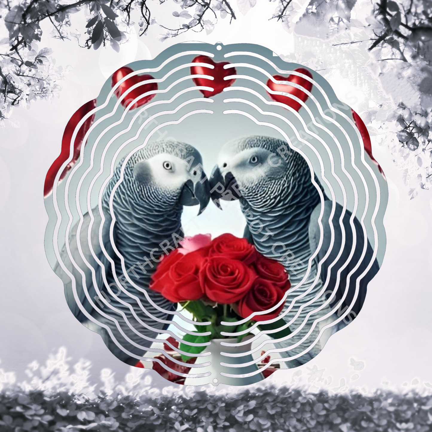 African Grey Pair Roses and Balloons 8" or 10" Wind Spinner