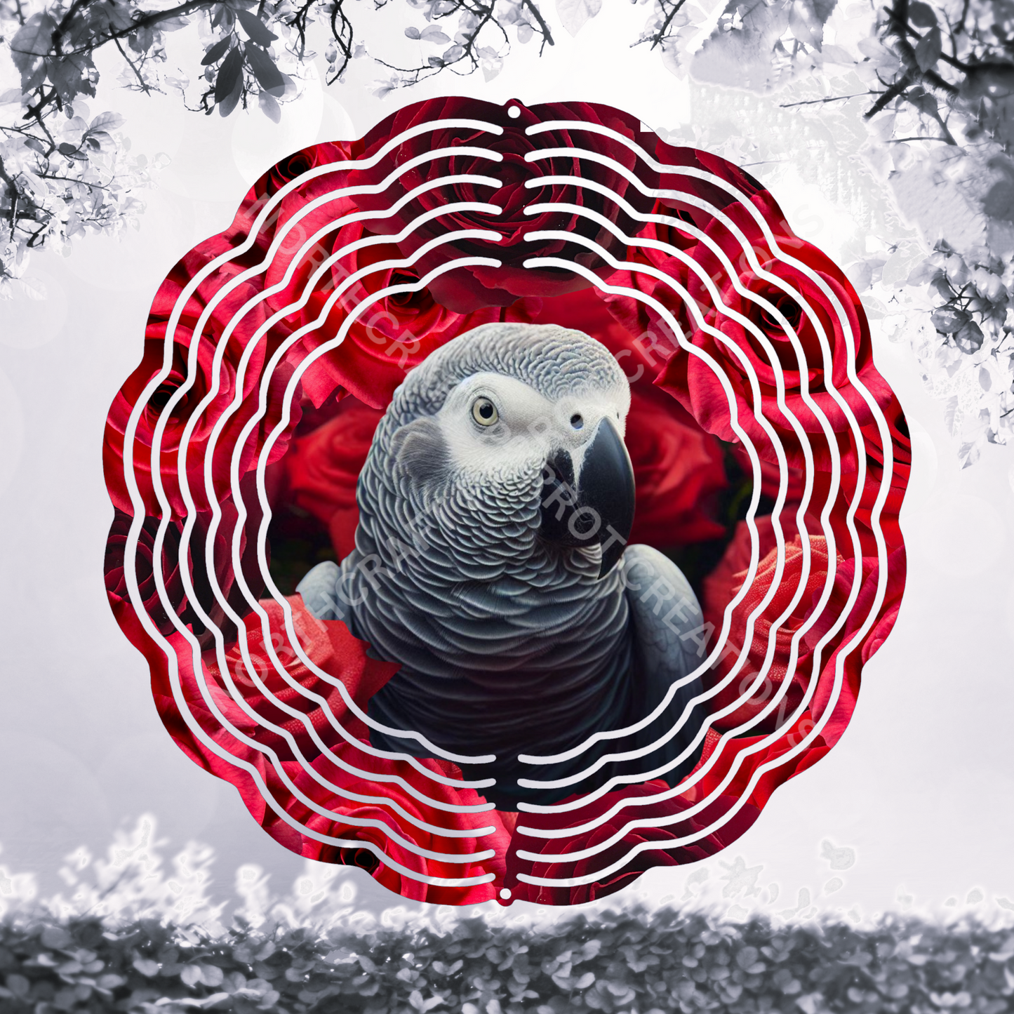 African Grey Among Roses 8" or 10" Wind Spinner