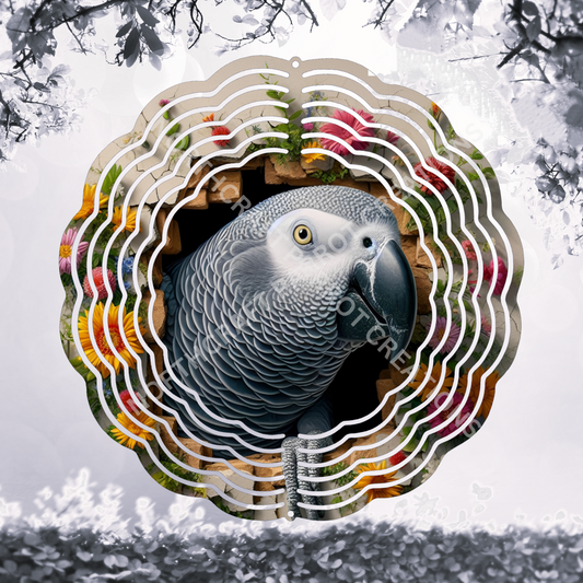 African Grey Breaking Through Flowered Wall 8" or 10" Wind Spinner
