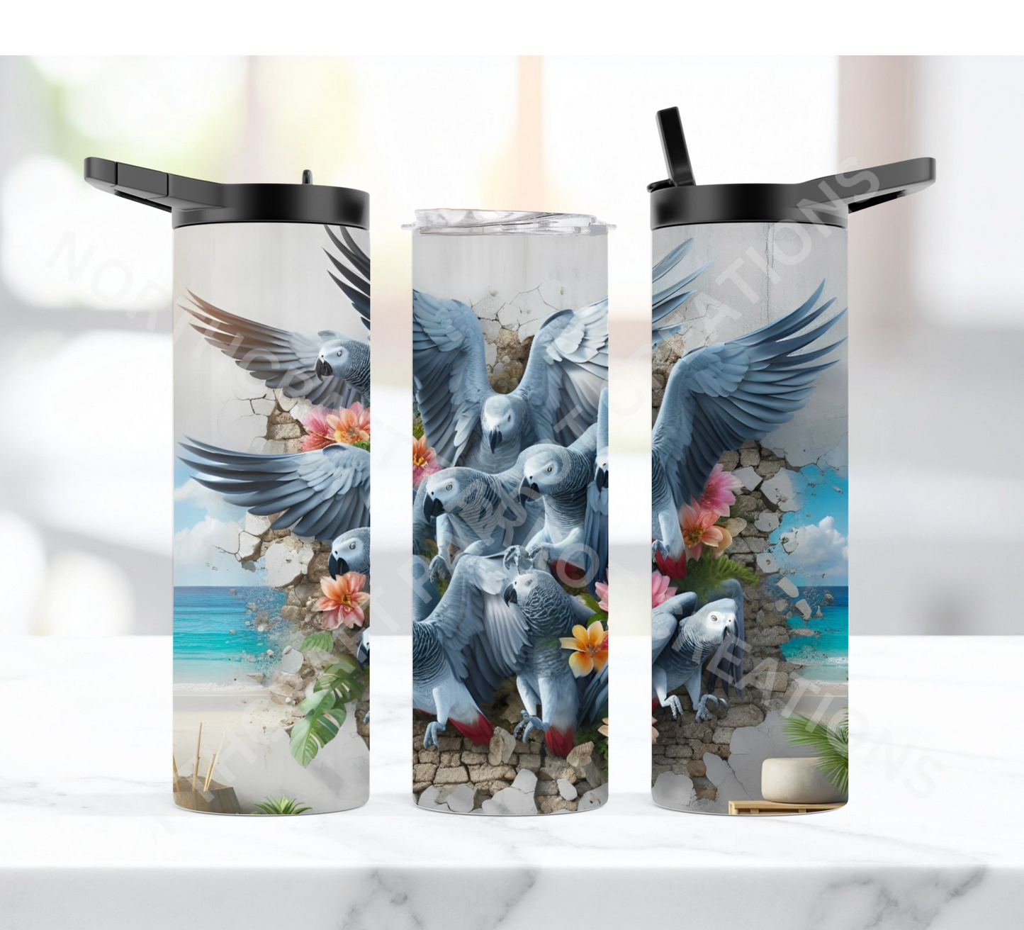 African Grey Flock Breaking Through Wall 20oz or 30oz Duo-lid Tumbler