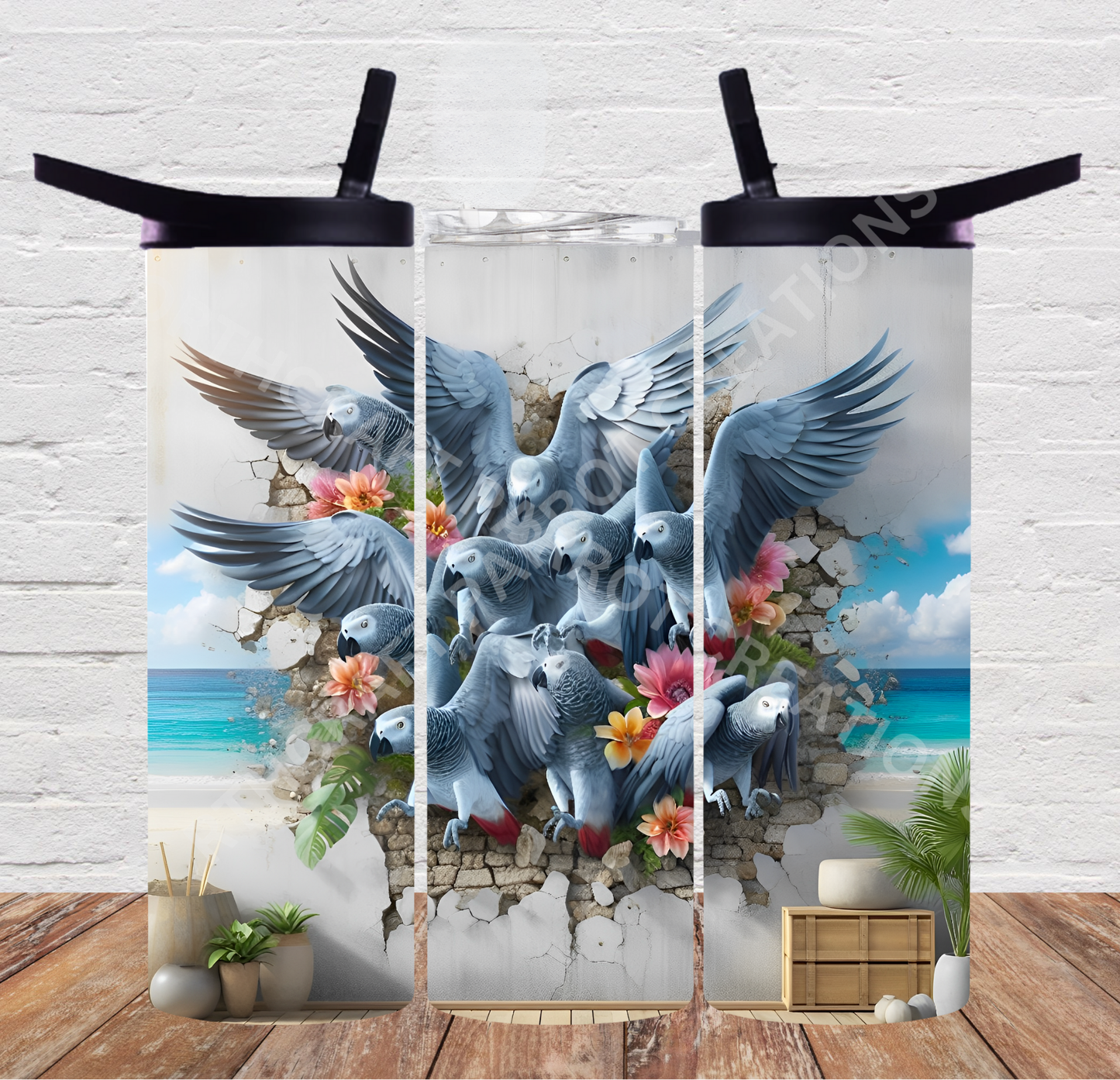 African Grey Flock Breaking Through Wall 20oz or 30oz Duo-lid Tumbler