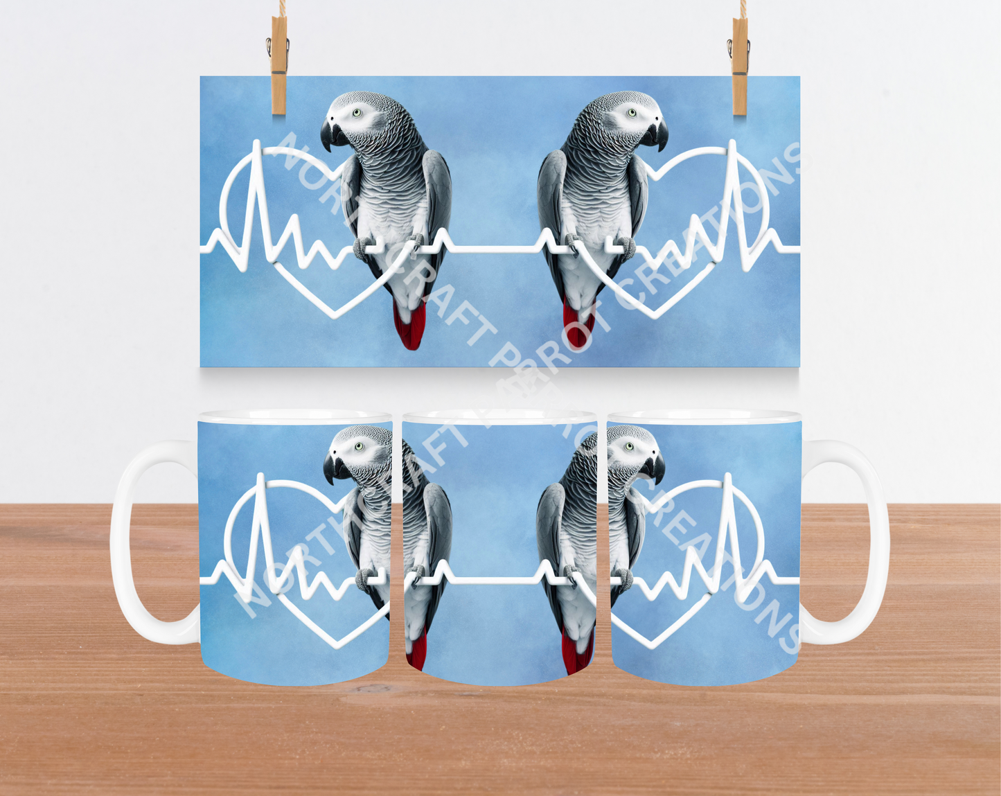 African Grey in Heartbeat Blue Background 15oz Ceramic Mug