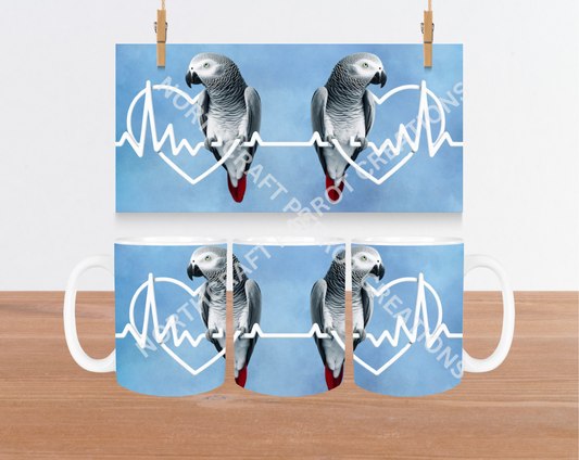 African Grey in Heartbeat Blue Background 15oz Ceramic Mug
