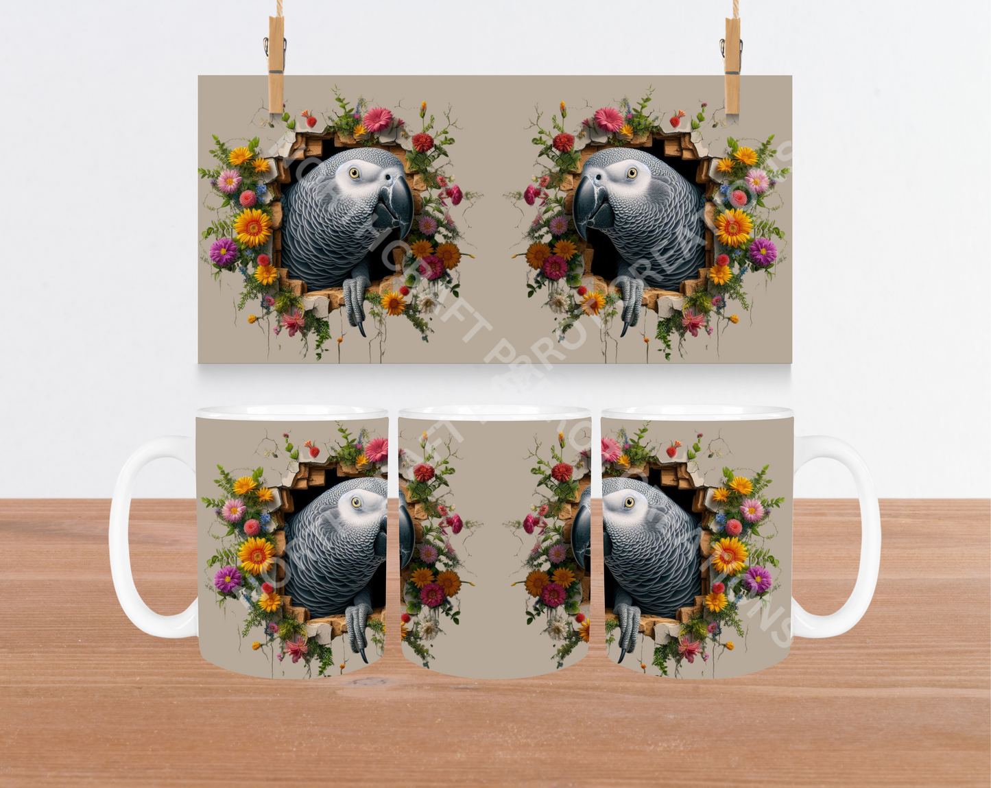 African Grey Hole in Wall Surrounded By Flowers 15oz Ceramic Mug