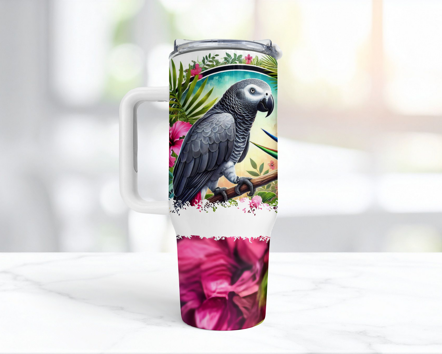 African Grey in Tropical Flowers 40oz Tumbler