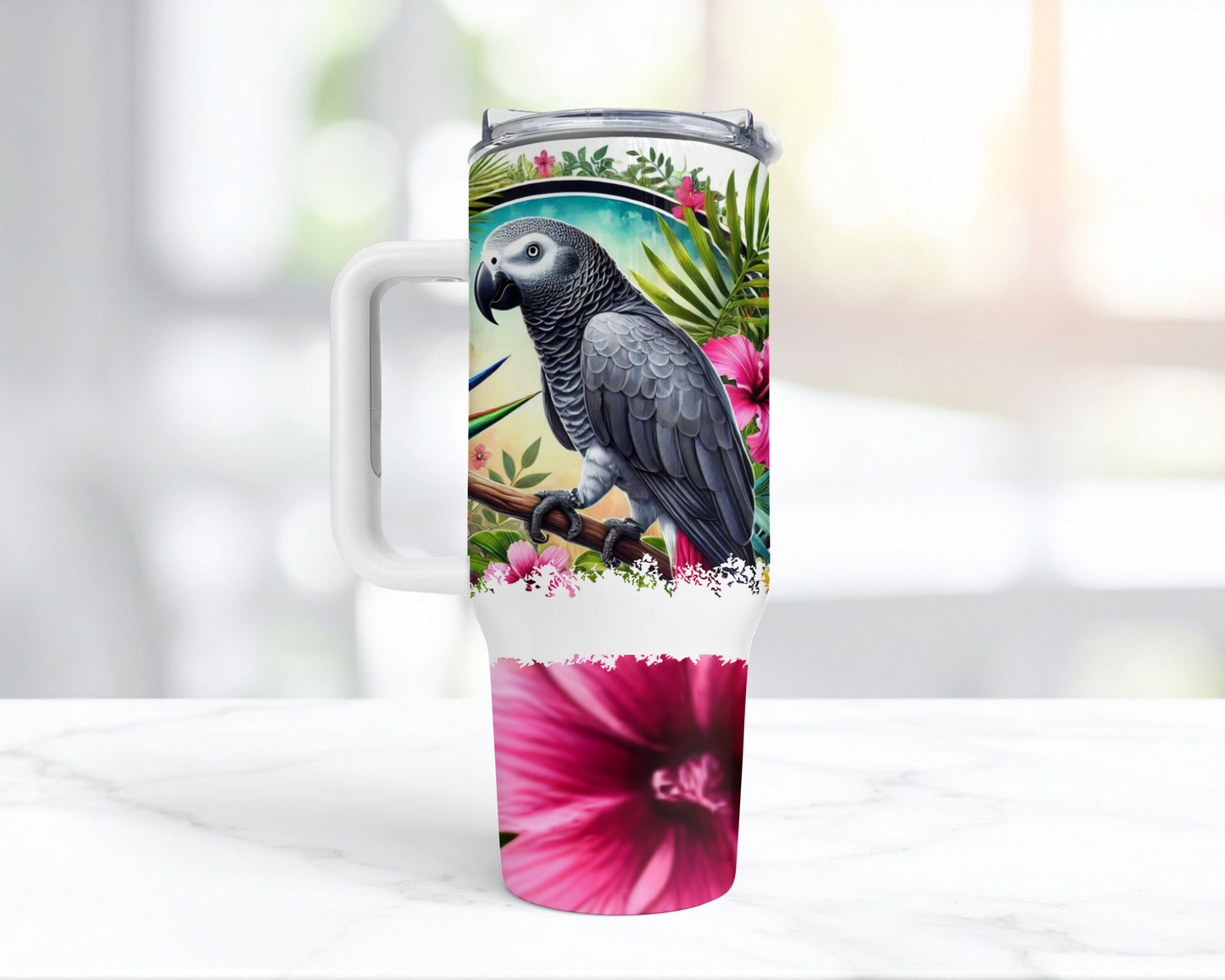 African Grey in Tropical Flowers 40oz Tumbler