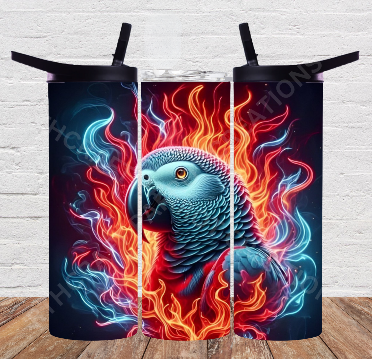 African Grey in Flame Effect 20oz or 30oz Duo-lid Tumbler